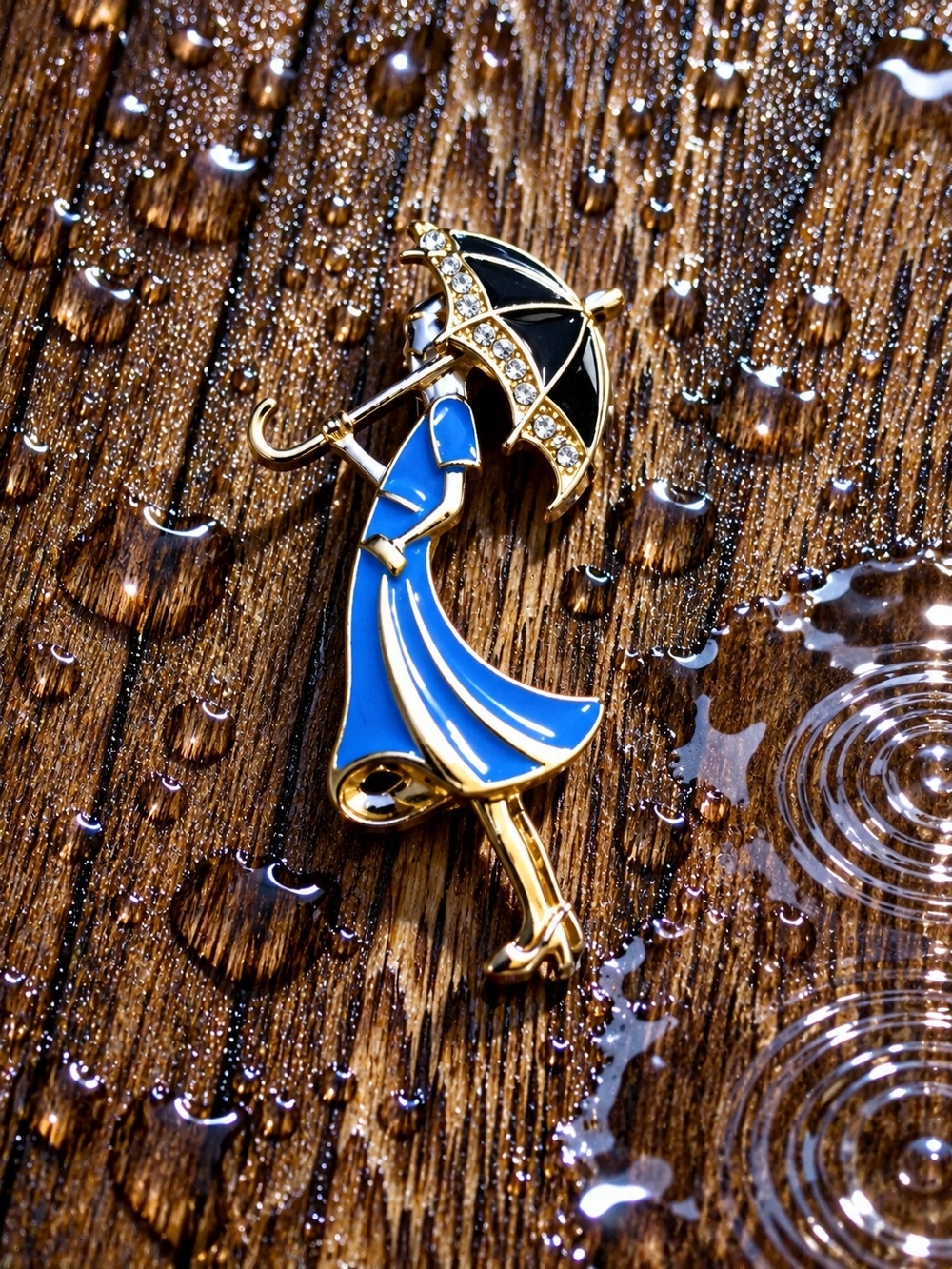Mint Gold-Tone Blue and Black Enamel Woman with Umbrella Brooch